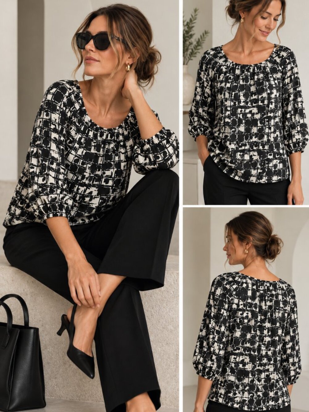 Ann Taylor Black & White Abstract Geometric Print 3/4 Sleeve Blouse Size M